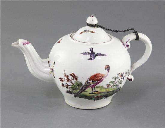 A Derby globular teapot and cover, c. 1760-5, l. 19.5cm, small faults